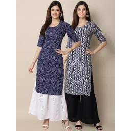 7threads KALINI Women Navy Pack Of 2 Blue & White Printed Block Print Crepe Kurtas-picture-26