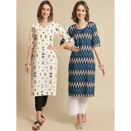 7threads KALINI Women Off White & Navy Blue Pack Of 2 Geometric Printed Crepe Kurta-picture-11