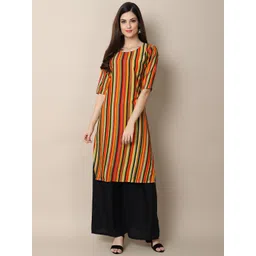 7threads KALINI Women Orange & Yellow Striped Crepe Kurta-picture-30
