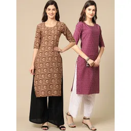 7threads KALINI Women Pack of 2 Beige & Burgundy Floral Printed Block Print Crepe Kurta-picture-11