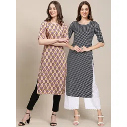 7threads KALINI Women Pack Of 2 Black & Beige Ethnic Motifs Printed Summer Sheers Crepe Kurta-picture-27