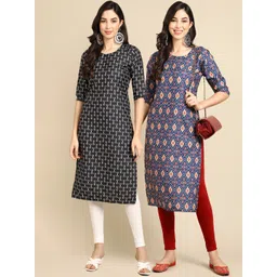 7threads KALINI Women Pack Of 2 Black & Blue Ethnic Motifs Printed Crepe Kurta-picture-38