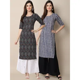 7threads KALINI Women Pack Of 2 Black & Blue Ethnic Motifs Printed Crepe Kurta-picture-35