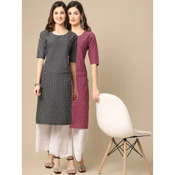 7threads KALINI Women Pack of 2 Black & Burgundy Ethnic Motifs Printed Block Print Crepe Kurta-picture-18