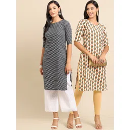 7threads KALINI Women Pack Of 2 Black & Cream-Coloured Ethnic Motifs Printed Crepe Kurta-picture-20