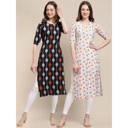 7threads KALINI Women Pack of 2 Black & Orange Digital Printed Crepe Straight Kurtas-picture-26