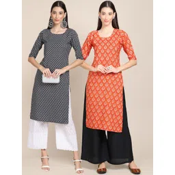 7threads KALINI Women Pack Of 2 Black & Orange Ethnic Motifs Printed Crepe Kurta-picture-23