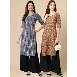 7threads KALINI Women Pack Of 2 Blue & Brown Tribal Printed Block Print Crepe Kurta-picture-14