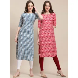 7threads KALINI Women Pack Of 2 Blue & Cream-Coloured Geometric Striped Summer Sheers Crepe Kurta-picture-34