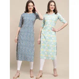7threads KALINI Women Pack of 2 Blue & Green Printed Crepe Kurta-picture-30