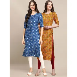 7threads KALINI Women Pack of 2 Blue & Mustard Printed Crepe Kurta-picture-30