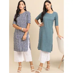 7threads KALINI Women Pack Of 2 Blue & White Ethnic Motif Printed Crepe Straight Kurta-picture-28