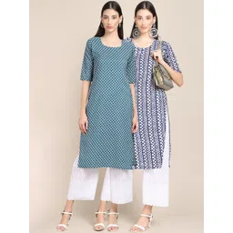 7threads KALINI Women Pack Of 2 Blue & White Ethnic Motifs Printed Crepe Kurta-picture-24