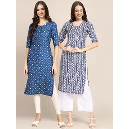 7threads KALINI Women Pack Of 2 Blue & White Ethnic Motifs Printed Crepe Kurta-picture-25