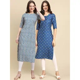 7threads KALINI Women Pack of 2 Blue & White Geometric Printed Crepe Kurta-picture-15