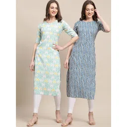 7threads KALINI Women Pack Of 2 Blue & White Geometric Printed Summer Sheers Crepe Kurta-picture-14