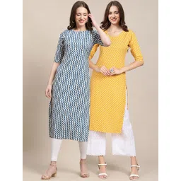7threads KALINI Women Pack of 2 Blue & Yellow Geometric Printed Summer Sheers Crepe Kurtas-picture-33
