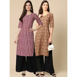 7threads KALINI Women Pack of 2 Burgundy & Beige Geometric Printed Block Print Crepe Kurta-picture-10
