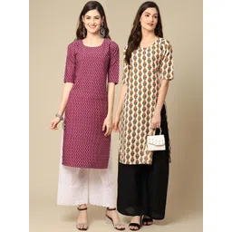 7threads KALINI Women Pack of 2 Magenta & Beige Geometric Printed Crepe Kurta-picture-33