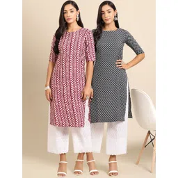 7threads KALINI Women Pack Of 2 Maroon & Black Geometric Printed Crepe Kurta-picture-30