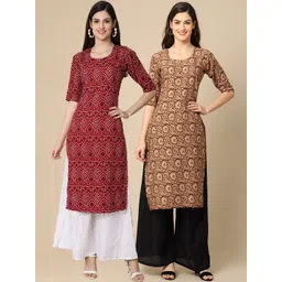 7threads KALINI Women Pack Of 2 Maroon & Brown Ethnic Motifs Printed Block Print Crepe Kurta-picture-16