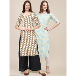 7threads KALINI Women Pack Of 2 Off White & Blue Printed Crepe Straight Kurta-picture-16