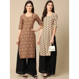 7threads KALINI Women Pack Of 2 Off White & Brown Ethnic Motifs Printed Block Print Crepe Kurta-picture-15