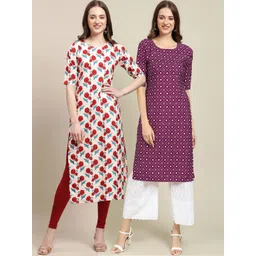 7threads KALINI Women Pack Of 2 Off White & Magenta Printed Crepe Straight Kurta-picture-23
