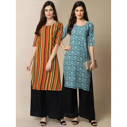 7threads KALINI Women Pack of 2 Orange & Blue Ethnic Motifs Printed Crepe Kurta-picture-23