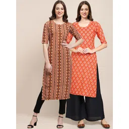 7threads KALINI Women Pack Of 2 Orange & Brown Ethnic Motifs Printed Block Print Crepe Kurta-picture-13