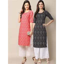 7threads KALINI Women Pack Of 2 Peach-Coloured & Black Ethnic Motifs Printed Crepe Kurta-picture-11