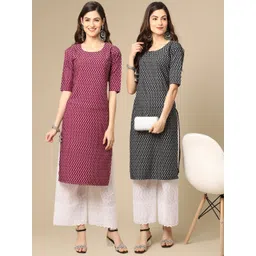 7threads KALINI Women Pack of 2 Pink & Black Digital Printed Crepe Straight Kurtas-picture-27