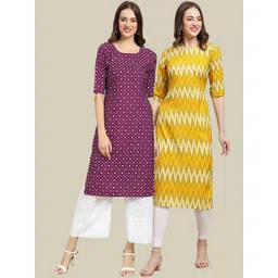 7threads KALINI Women Pack of 2 Purple & Yellow Geometric Printed Summer Sheers Crepe Kurtas-picture-17