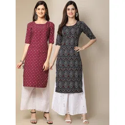 7threads KALINI Women Pack of 2 Red & Grey Ethnic Motifs Printed Crepe Kurta-picture-41