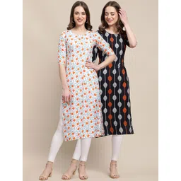 7threads KALINI Women Pack Of 2 White & Black Geometric Printed Summer Sheers Crepe Kurtas-picture-28