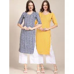 7threads KALINI Women Pack of 2 White & Blue Ethnic Motifs Printed Block Print Crepe Kurtas-picture-21