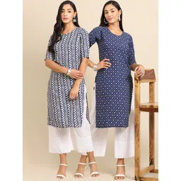 7threads KALINI Women Pack of 2 White & Blue Ethnic Motifs Printed Crepe Kurta-picture-23