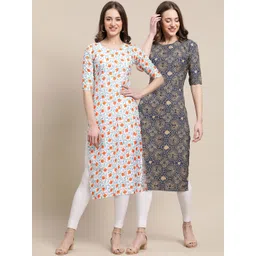 7threads KALINI Women Pack Of 2 White & Blue Floral Printed Summer Sheers Crepe Kurta-picture-18