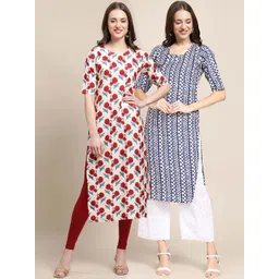 7threads KALINI Women Pack of 2 White & Navy Blue Ethnic Motifs Printed Crepe Kurta-picture-19