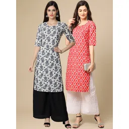 7threads KALINI Women Pack of 2 White & Peach-Coloured Floral Printed Block Print Crepe Kurta-picture-34