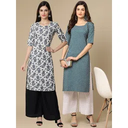 7threads KALINI Women Pack of 2 White & Teal Ethnic Motifs Printed Crepe Kurta-picture-37