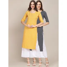 7threads KALINI Women Pack of 2 Yellow & Black Ethnic Motifs Printed Summer Sheers Crepe Kurtas-picture-26