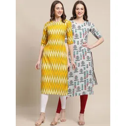 7threads KALINI Women Pack of 2 Yellow & Cream-Coloured Printed Summer Sheers Crepe Kurtas-picture-10