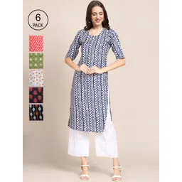 7threads KALINI Women Pack of 6 Blue & Green Ethnic Motifs Printed Crepe Kurta-picture-15