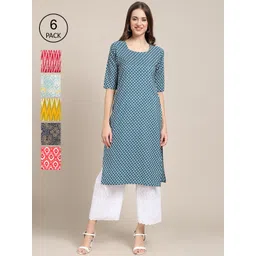 7threads KALINI Women Pack of 6 Blue & Yellow Ethnic Motifs Printed Crepe Kurta-picture-36