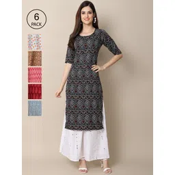 7threads KALINI Women Pack of 6  Digital Printed Crepe Straight Kurtas-picture-14