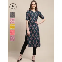 7threads KALINI Women Pack of 6 Floral Printed Crepe Straight Kurta-picture-35