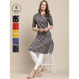 7threads KALINI Women Pack Of 6 Geometric Printed Block Print Crepe Kurta-picture-24