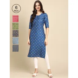 7threads KALINI Women Pack of 6 Geometric Printed Crepe Kurtas-picture-39