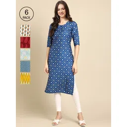 7threads KALINI Women Pack of 6 Geometric Striped Block Print Crepe Kurta-picture-37